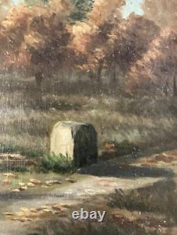 Belle peinture huile panneau bois 1900 paysage post impressionniste Campagne Art