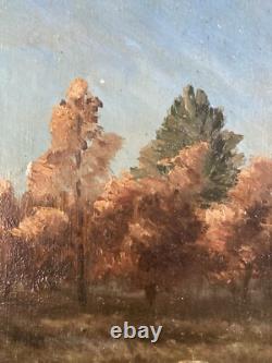 Belle peinture huile panneau bois 1900 paysage post impressionniste Campagne Art