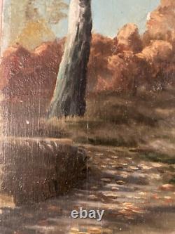 Belle peinture huile panneau bois 1900 paysage post impressionniste Campagne Art