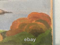 Belle peinture huile panneau bois 1930 paysage post impressionniste Lac Rivière