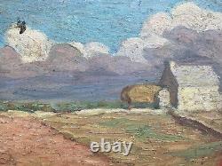 Belle peinture huile panneau bois 1930 paysage post impressionniste ferme champs