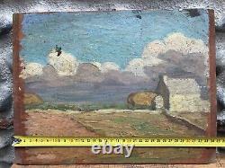 Belle peinture huile panneau bois 1930 paysage post impressionniste ferme champs