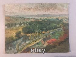 Belle peinture huile panneau bois 1950 paysage Village impressionniste Arbre