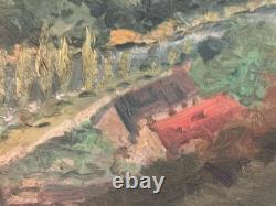 Belle peinture huile panneau bois 1950 paysage Village impressionniste Arbre