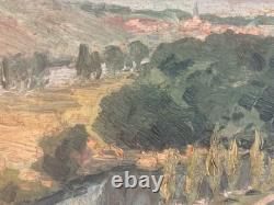 Belle peinture huile panneau bois 1950 paysage Village impressionniste Arbre