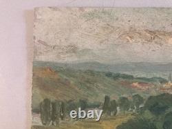 Belle peinture huile panneau bois 1950 paysage Village impressionniste Arbre