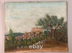 Belle peinture huile panneau bois 1950 paysage Village impressionniste Château