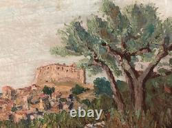 Belle peinture huile panneau bois 1950 paysage Village impressionniste Château