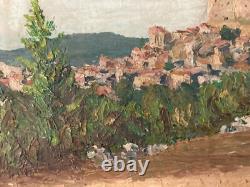 Belle peinture huile panneau bois 1950 paysage Village impressionniste Château