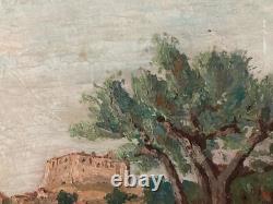 Belle peinture huile panneau bois 1950 paysage Village impressionniste Château