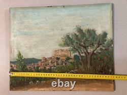 Belle peinture huile panneau bois 1950 paysage Village impressionniste Château