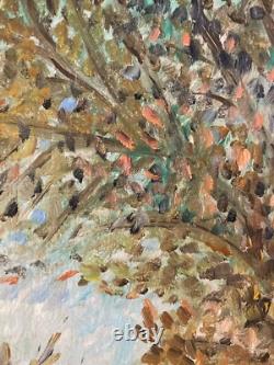 Belle peinture huile panneau bois 1950 paysage Village post impressionniste Art
