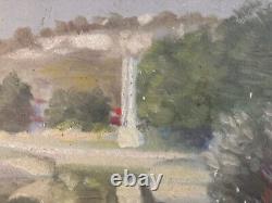 Belle peinture huile panneau bois XIXe paysage Impressionniste Ruines Colonne