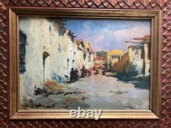 Belle peinture sur panneau dans cadre en bois sculpté signée R. Giardi, 1900