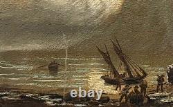 Bord de mer animé Huile sur panneau en bois, fin XIXème début du XXème