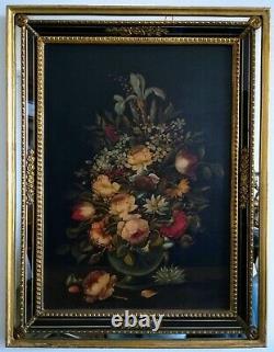 Bouquet de fleurs huile sur panneau bois dans le style 17ème cadre à parcloses