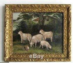 Cadre Ancien Bois Dore Peinture Huile Sur Toile Moutons Et Poule