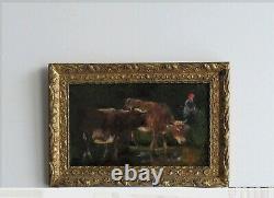 Cadre Ancien Bois Dore Peinture Huile Sur Toile Vaches Et Paysanne