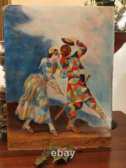 Carnaval TABLEAU Peinture à l'huile sur bois Arlequin et sa Colombine
