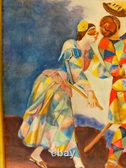 Carnaval TABLEAU Peinture à l'huile sur bois Arlequin et sa Colombine