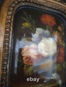 Carré Fleurs Flamand Peinture Huile Sur Bois Cadre Baroque Or Classique 31x36