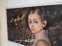 Carré Peinte à la Main Portrait Femme Huile sur Toile 60x90 CM Avec Cadre Bois
