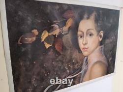 Carré Peinte à la Main Portrait Femme Huile sur Toile 60x90 CM Avec Cadre Bois