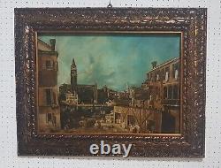 Carré Peinture Huile sur Toile Venezia Cadre Bois Travaillé Feuille Or 92x72
