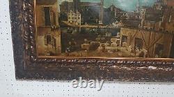 Carré Peinture Huile sur Toile Venezia Cadre Bois Travaillé Feuille Or 92x72