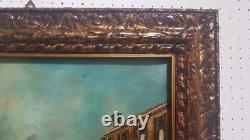 Carré Peinture Huile sur Toile Venezia Cadre Bois Travaillé Feuille Or 92x72