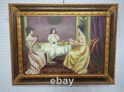 Carré Scène Dame Nobles Peinture Huile sur Toile Cadre en Bois Italien 69x89 CM