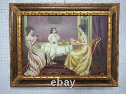 Carré Scène Dame Nobles Peinture Huile sur Toile Cadre en Bois Italien 69x89 CM