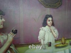 Carré Scène Dame Nobles Peinture Huile sur Toile Cadre en Bois Italien 69x89 CM