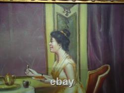 Carré Scène Dame Nobles Peinture Huile sur Toile Cadre en Bois Italien 69x89 CM