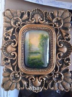 Carré peinture à la main paysage huile sur bois cadre barocca or classique 31x36