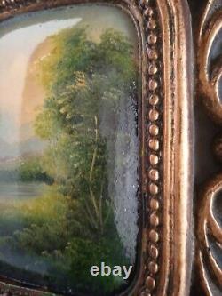 Carré peinture à la main paysage huile sur bois cadre barocca or classique 31x36