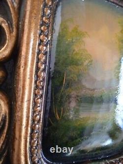Carré peinture à la main paysage huile sur bois cadre barocca or classique 31x36