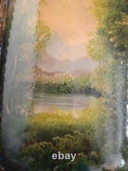 Carré peinture à la main paysage huile sur bois cadre barocca or classique 31x36