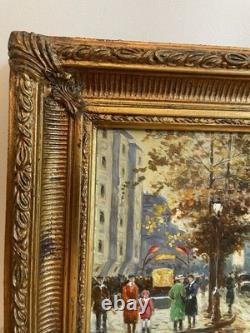 Charles Hovely- Huile sur panneau de bois boulevard parisien cadre doré