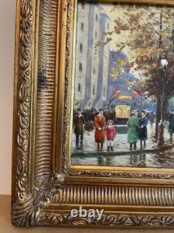 Charles Hovely- Huile sur panneau de bois boulevard parisien cadre doré