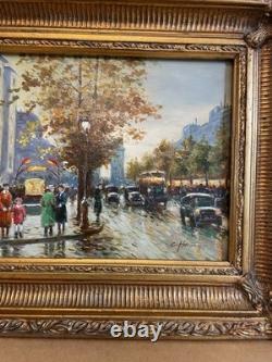 Charles Hovely- Huile sur panneau de bois boulevard parisien cadre doré