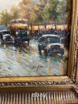 Charles Hovely- Huile sur panneau de bois boulevard parisien cadre doré