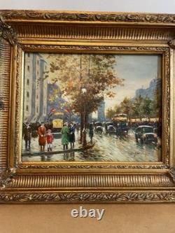 Charles Hovely- Huile sur panneau de bois boulevard parisien cadre doré