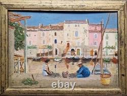 Charmant Ancien Tableau Naif Scène De Vir Port Couple Pecheurs Sardines