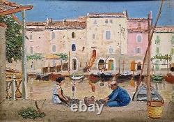 Charmant Ancien Tableau Naif Scène De Vir Port Couple Pecheurs Sardines