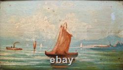 Charmant Ancien Tableau Peinture Marine Italie Bateau Vesuve Xix Eme
