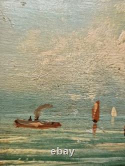 Charmant Ancien Tableau Peinture Marine Italie Bateau Vesuve Xix Eme