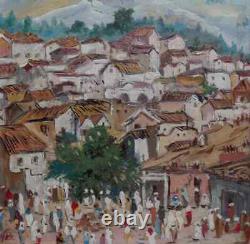 Charmant Orientaliste 1950. Paysage Du Maroc Avec Village Animé. Signé H. B