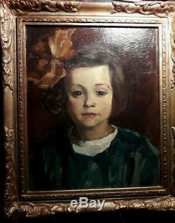 Charmant tableau ancien huile sur bois portrait jeune femme cadre bois doré