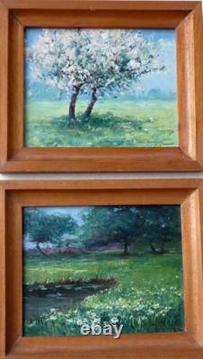 Charmantes Peintures Impressionnistes 1920 Paysages Printaniers Signature